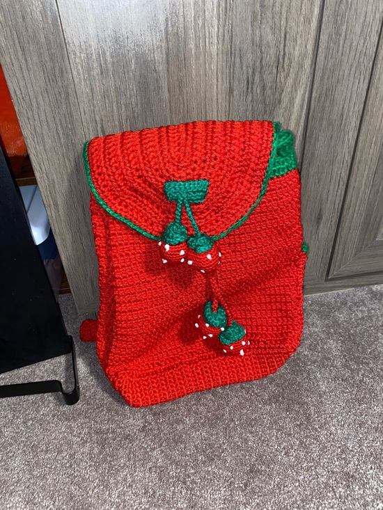 Etsy Handbags - Handcrafted Red Crochet Backpack with Strawberry Accents